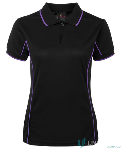 Black JB’s Ladies Podium piping polo 7LPI with purple trim for staying cool and stylish