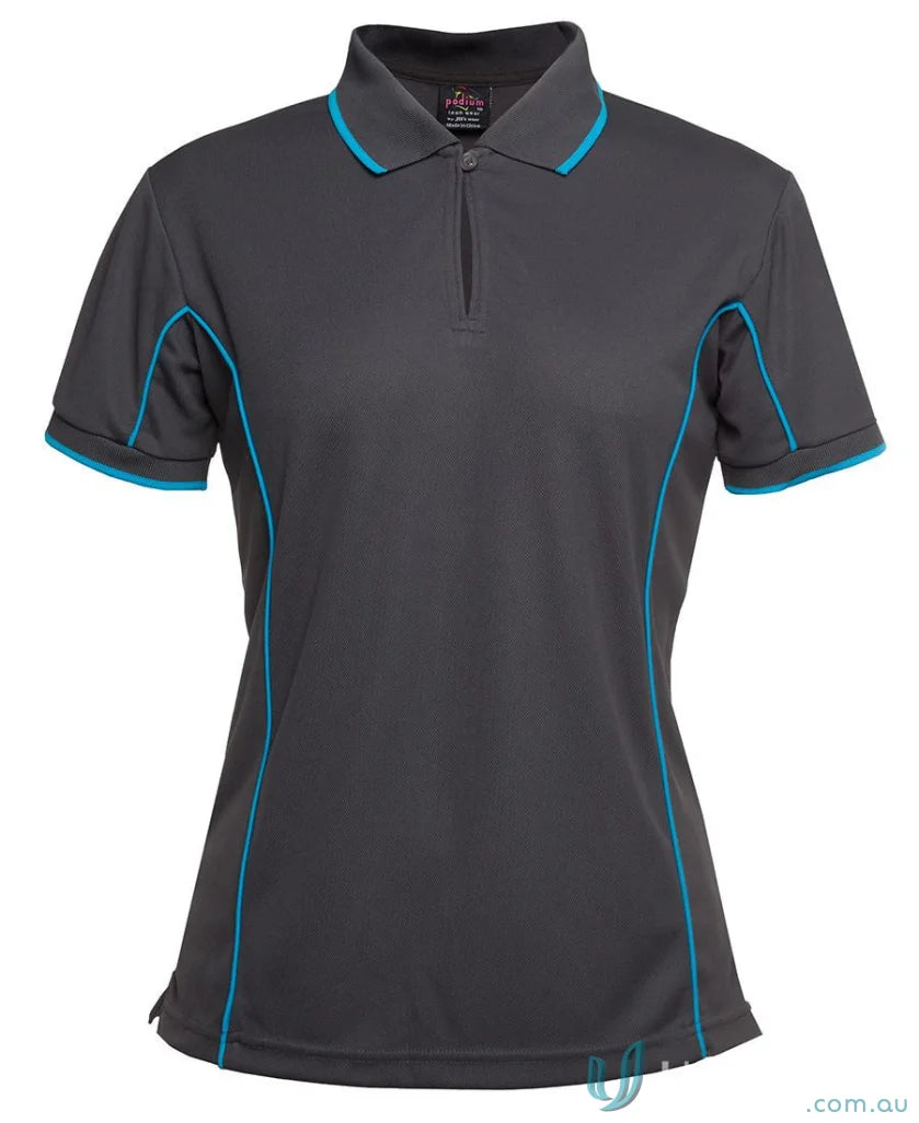 Gray JB’s Ladies Podium piping polo 7LPI with blue trim, perfect to stay cool