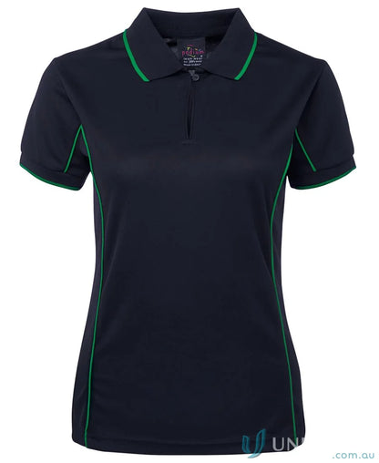 Navy blue JB’s Ladies Podium Piping Polo with green trim for staying cool
