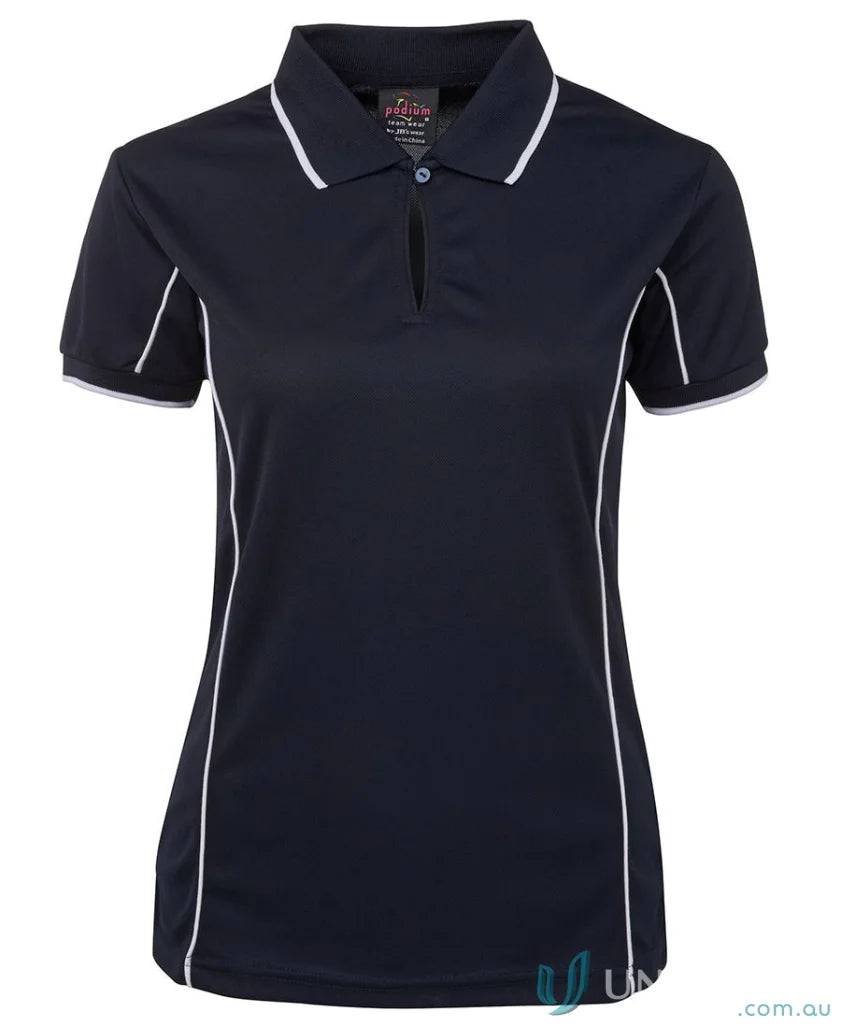 Navy JB’s Ladies Podium Piping Polo with white trim, stay cool in this piping polo 7LPI