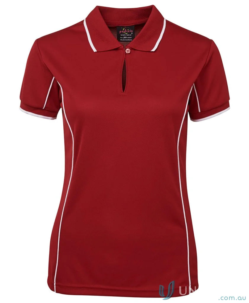 Maroon JB’s Ladies Podium piping polo 7LPI with white trim, perfect to stay cool