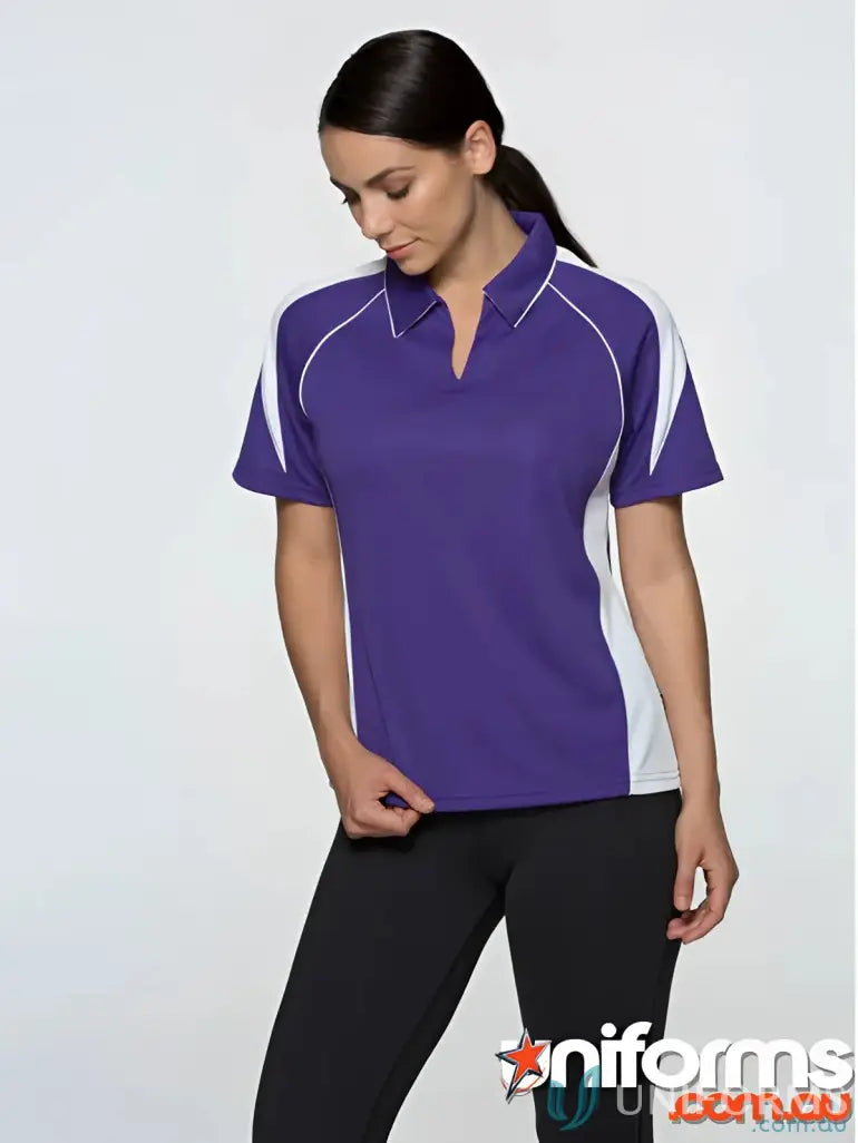 Purple and white fabric polo shirt from Ladies Premier Polo, perfect for uniforms or workwear