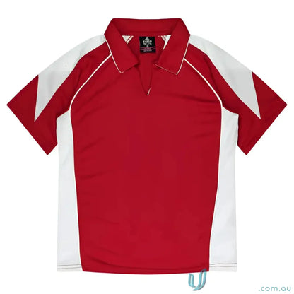 Red and white Ladies Premier Polo made with comfy fabric, perfect for uniforms or workwear
