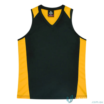 Black and gold Ladies Premier Singlet with fabric neck bind for athletic comfort