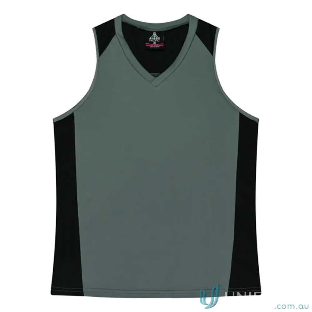 Gray and black V-neck Ladies Premier Singlet with comfy fabric neck bind