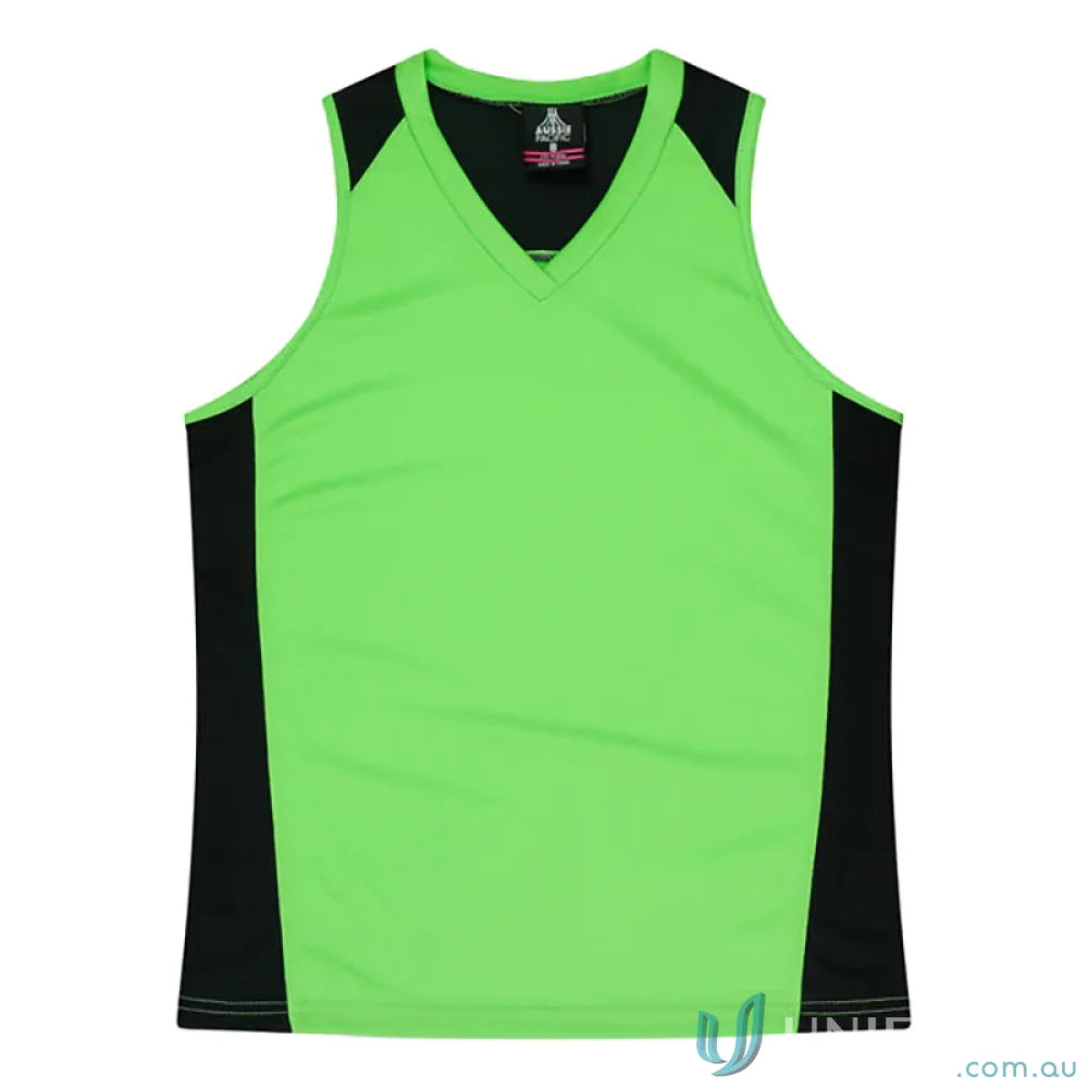 Ladies Premier Singlet in green and black with comfortable fabric neck bind for athletic style