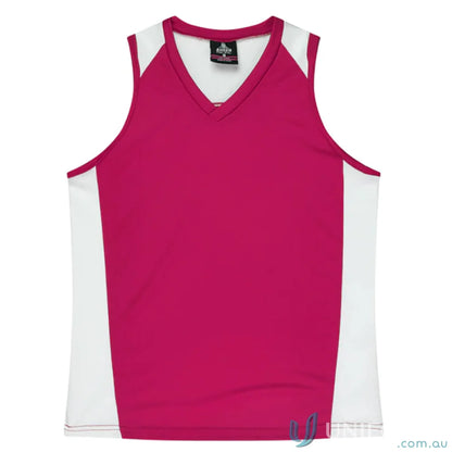 Magenta and white Ladies Premier Singlet with fabric neck bind and V-neck style