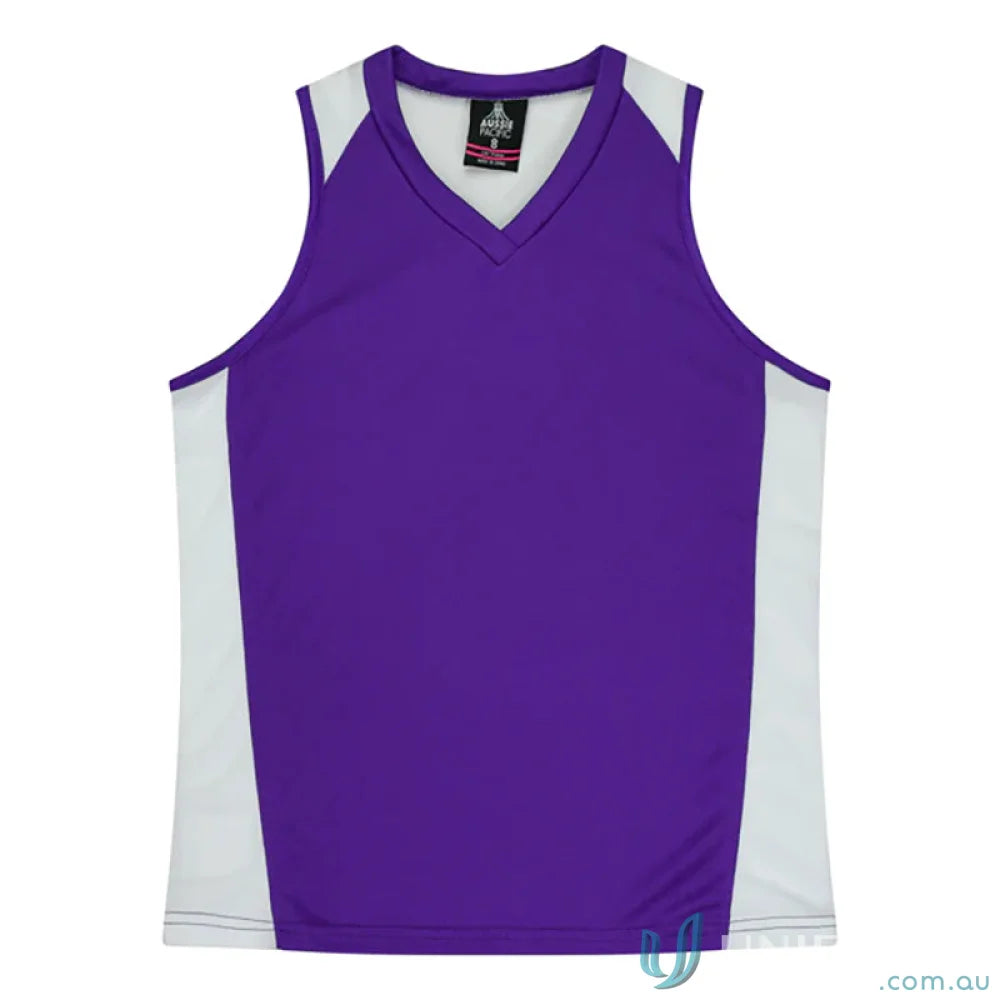 Purple and white Ladies Premier Singlet with fabric neck bind and V-neck style