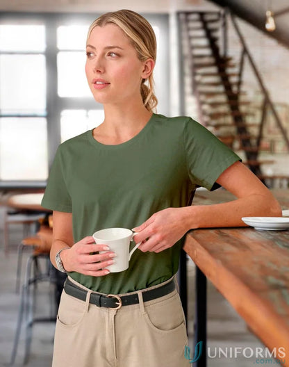 Lady wearing brighton premium green combed cotton tee from Ladies Premium Brighton Tee