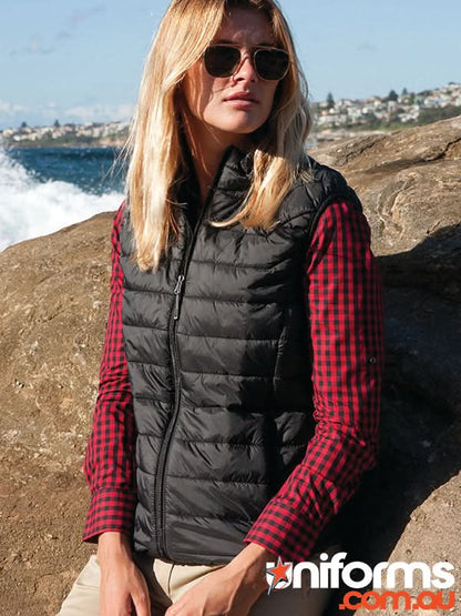 Ladies Puffer Vest with black quilted design and recycled polyester insulation