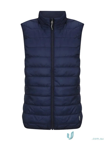Navy blue ladies puffer vest with recycled polyester insulation and polyloft recycled fill