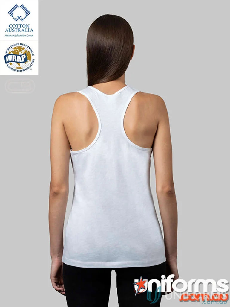 White women’s racerback tank top, perfect fit, measure length and size easily