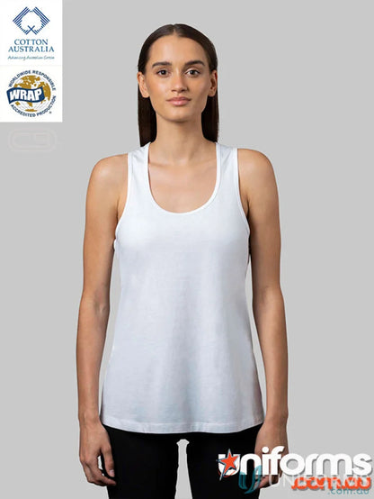 Woman in white scoop-neck tank top and black pants, perfect for measuring size and length