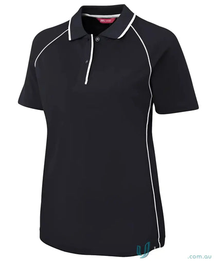 Ladies Raglan Polo: navy blue short-sleeved raglan polo with white piping details