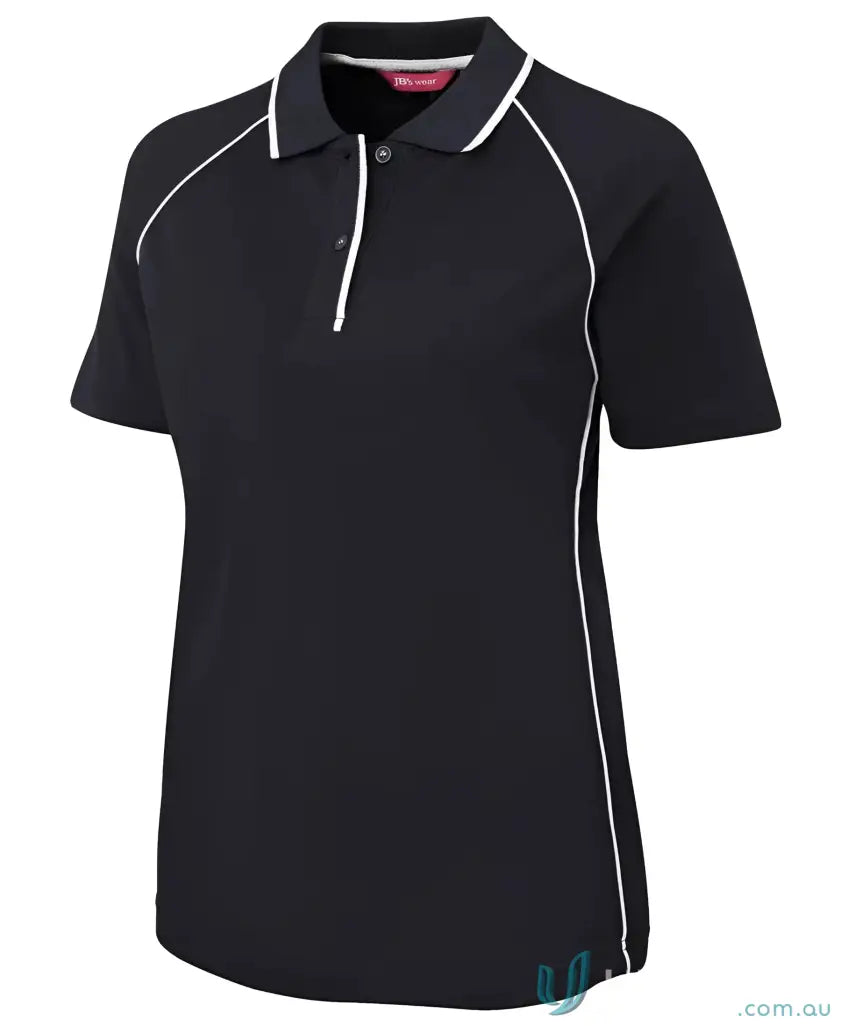 Ladies Raglan Polo: navy blue short-sleeved raglan polo with white piping details
