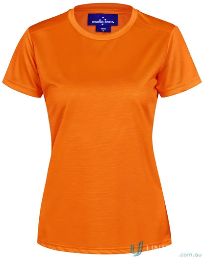 Orange Ladies RapidCool Ultra Light Tee with crew neck and blue brand label