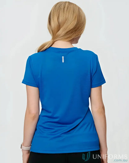 Ladies RapidCool Ultra Light Tee blue athletic shirt with reflective strip on back