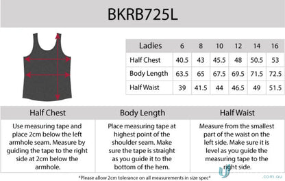 Ladies Razor Back Singlet sizing chart with aegis microbe shield and CoolDry moisture tech