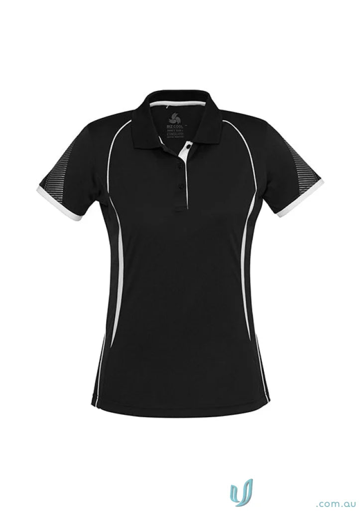 Black women’s short-sleeved polo shirt with white trim from Ladies Razor Polo collection