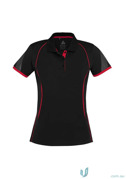 Ladies Razor Polo in black with red trim and mesh sleeves from Biz Collection Ladies