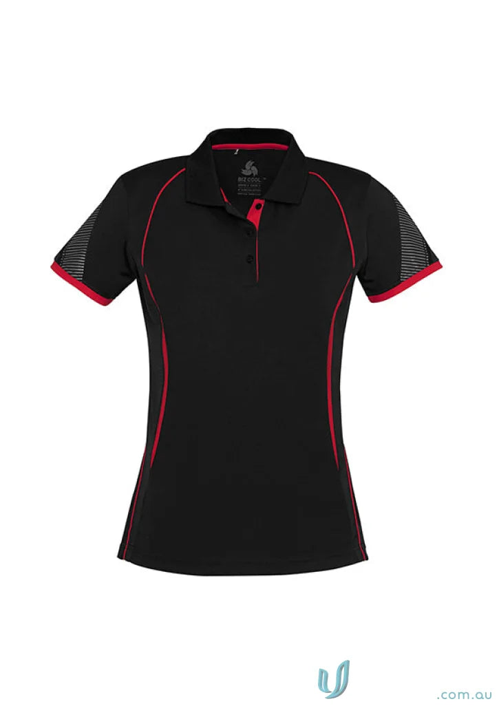 Ladies Razor Polo in black with red trim and mesh sleeves from Biz Collection Ladies