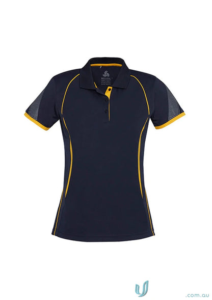 Ladies Razor Polo navy blue short-sleeved shirt with yellow piping and collar accents