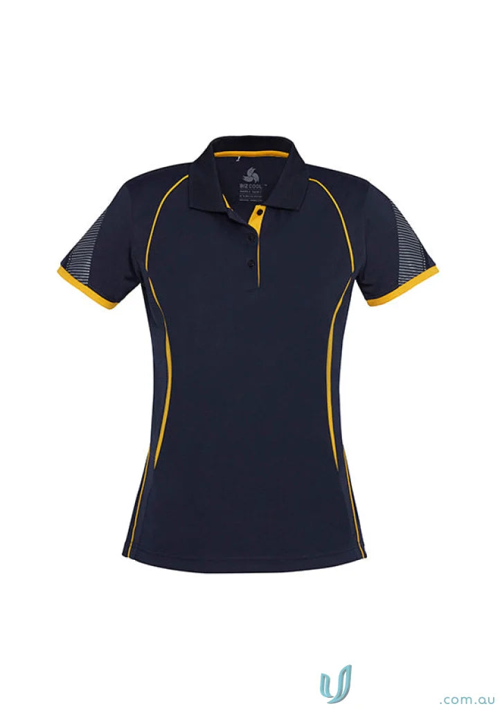 Ladies Razor Polo navy blue short-sleeved shirt with yellow piping and collar accents