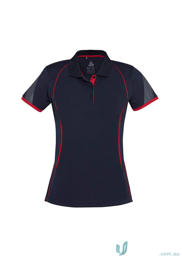 Ladies Razor Polo from Biz Collection Ladies with navy blue, red trim, and white striped mesh sleeves