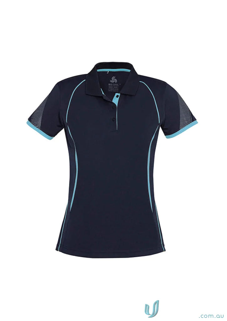 Ladies Razor Polo navy blue with light blue accents and mesh sleeves from Biz Collection Ladies
