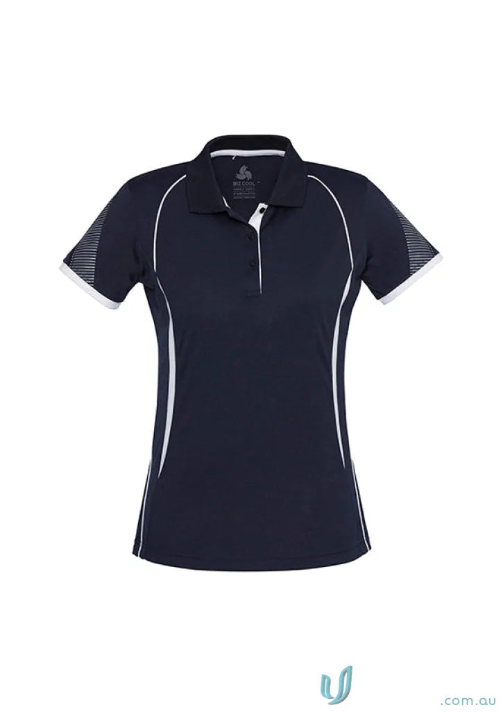 Ladies Razor Polo in dark blue with white piping and patterned sleeves from Biz Collection Ladies
