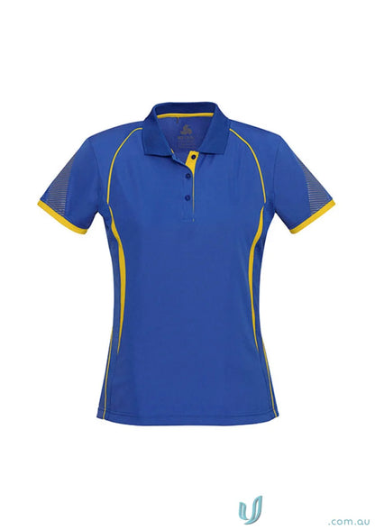 Ladies Razor Polo in royal blue with yellow accents and white mesh panels from Biz Collection Ladies