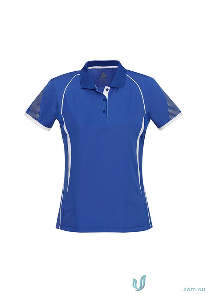 Ladies Razor Polo in royal blue with white trim and mesh accents from Biz Collection Ladies