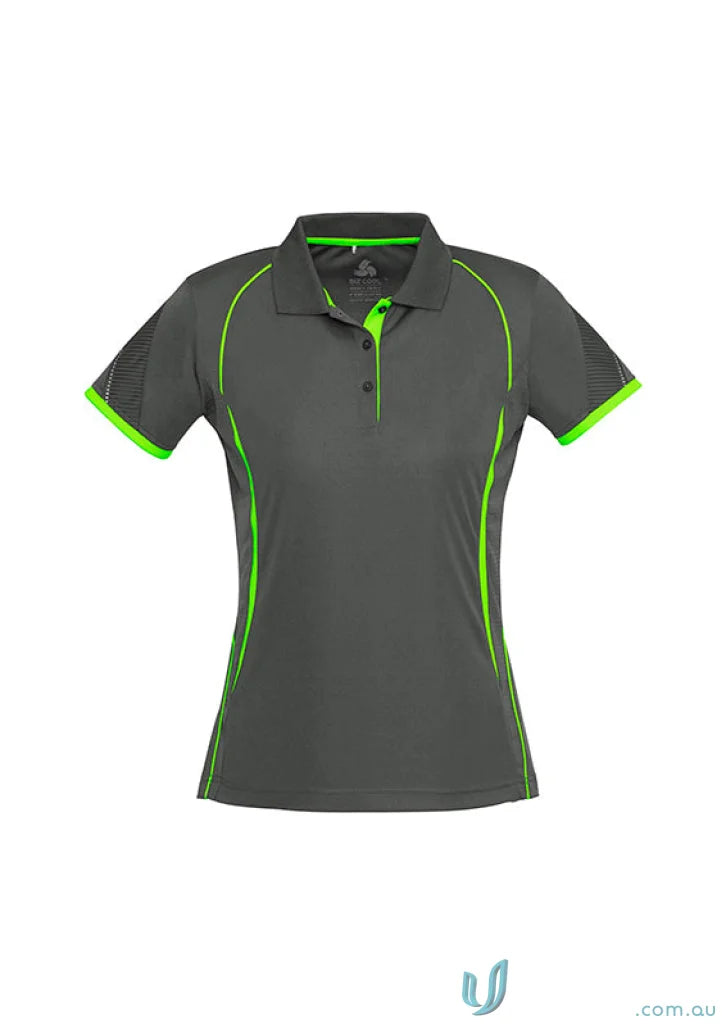 Ladies Razor Polo in dark gray with neon green accents from Biz Collection Ladies