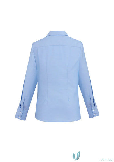 Light blue Ladies Regent Cotton LS Shirt with subtle herringbone weave and advanced performance fabric