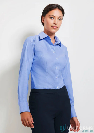 Ladies Regent Cotton LS Shirt with subtle herringbone weave in blue, made from advanced performance fabric