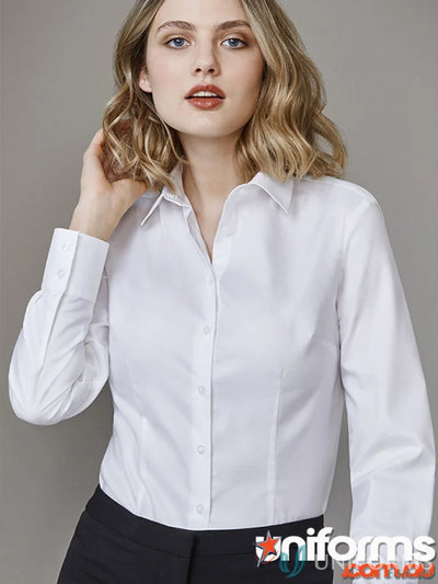Ladies Regent Cotton LS Shirt with subtle herringbone weave in advanced performance fabric