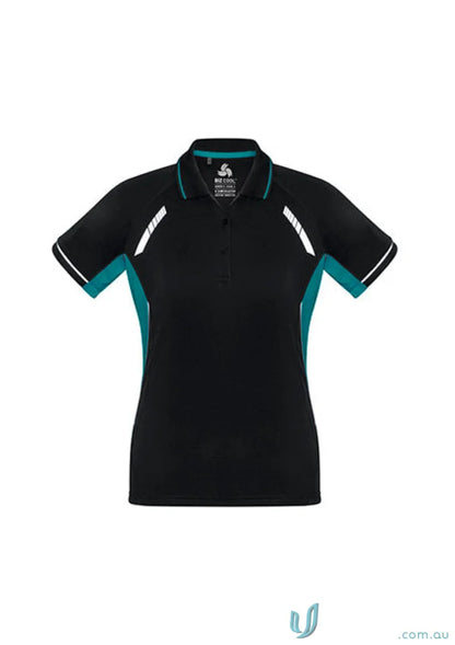 Black and teal ladies renegade polo shirt from Biz Collection p700ls Biz on display