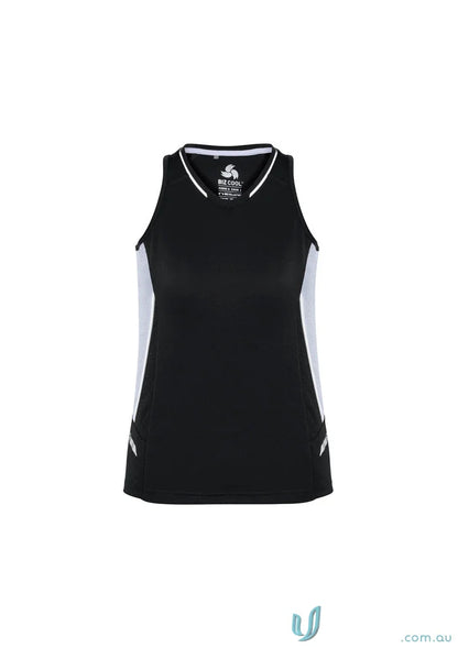 Black and white Ladies Renegade Singlet with silver reflective trims and racer-back design
