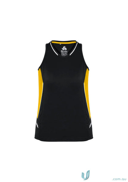 Ladies Renegade Singlet with black and gold fabric and silver reflective trims