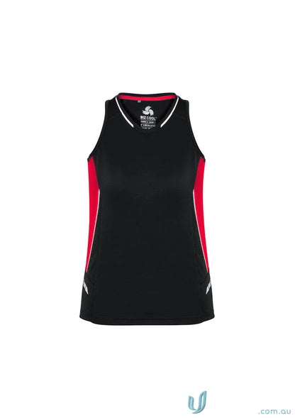 Black and red ladies Renegade Singlet with silver reflective trims and racer-back design