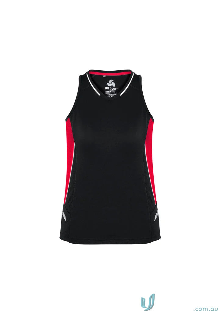 Black and red ladies Renegade Singlet with silver reflective trims and racer-back design