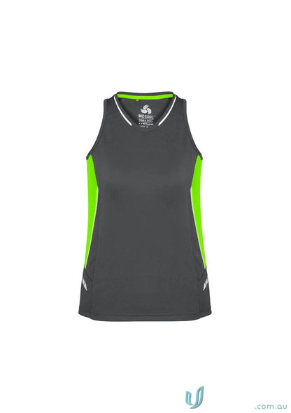 Gray and neon green Ladies Renegade Singlet with silver reflective trims and racer-back style