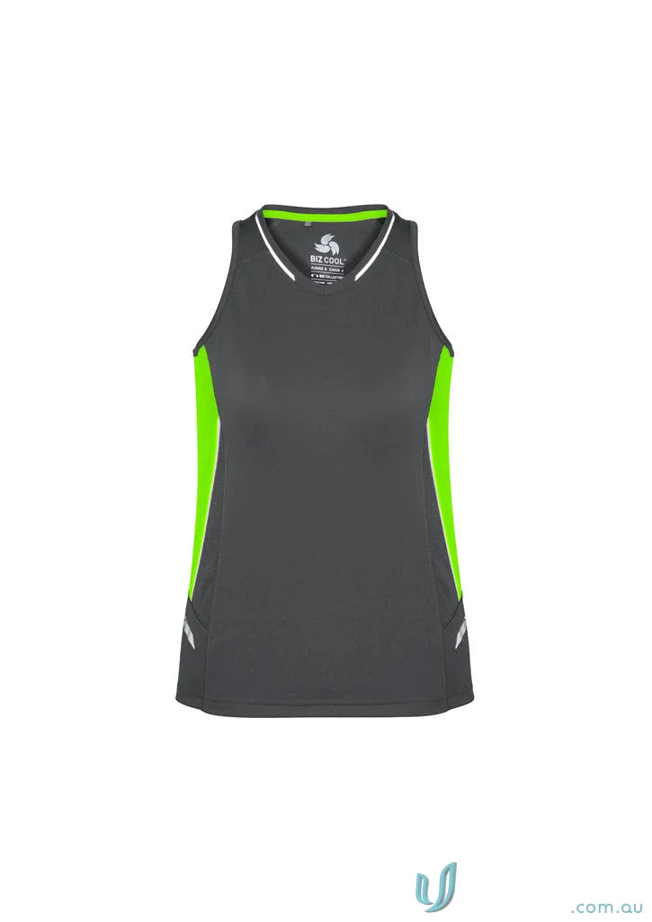 Gray and neon green Ladies Renegade Singlet with silver reflective trims and racer-back style
