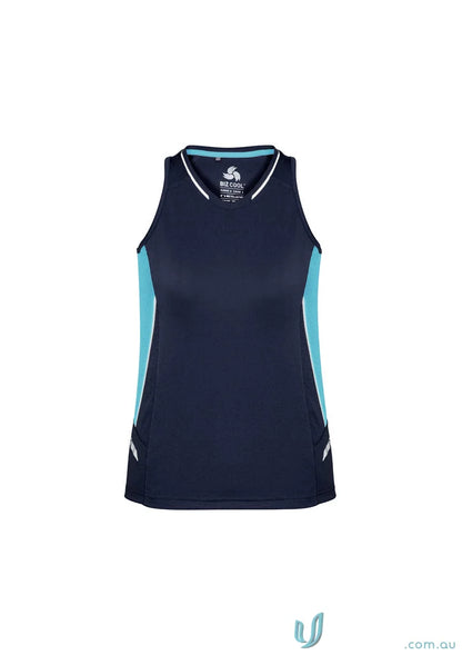 Ladies Renegade Singlet with navy and light blue, racer-back design, silver reflective trims