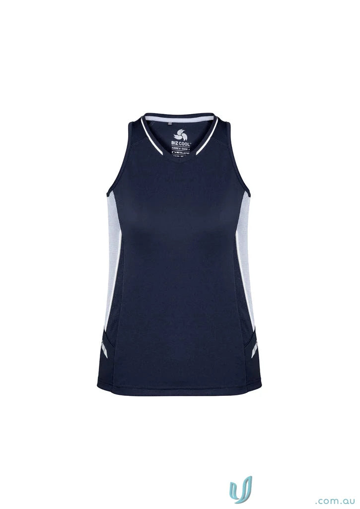 Navy and white Ladies Renegade Singlet with silver reflective trims and racer-back design