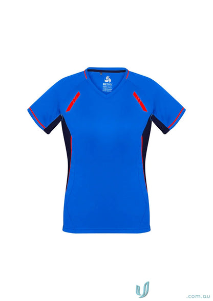Blue and red athletic T-shirt from Ladies Renegade Tee Biz Collection Ladies