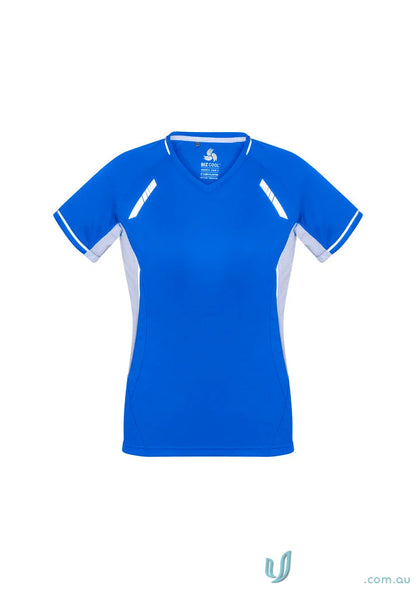 Blue and white athletic ladies renegade tee from Biz Collection Ladies short sleeve top