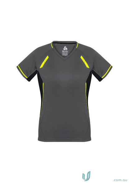 Gray and black ladies renegade tee with yellow trim from Biz Collection Ladies