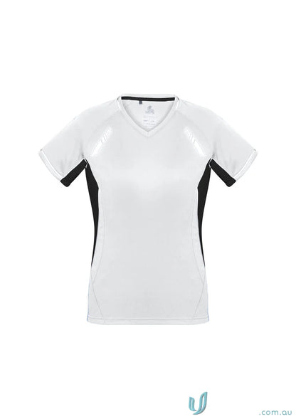 White and black ladies renegade tee from Biz Collection Ladies, short sleeve athletic top