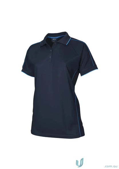 Dark blue ladies resort polo shirt with light blue trim, modern fit from Biz Collection Ladies